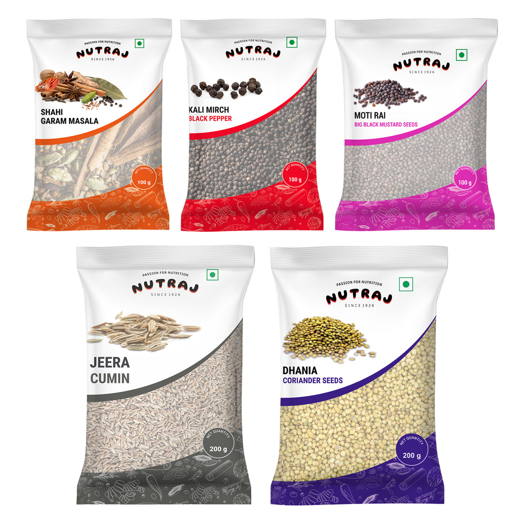 Whole Spices 700G Combo Pack - Sahi Garam Masala 100G + Black Pepper (Kali Mirch) 100G + Mustard Seeds (Moti Rai) 100G + Cumin (Jeera) 200G + Coriander (Dhania) 200G