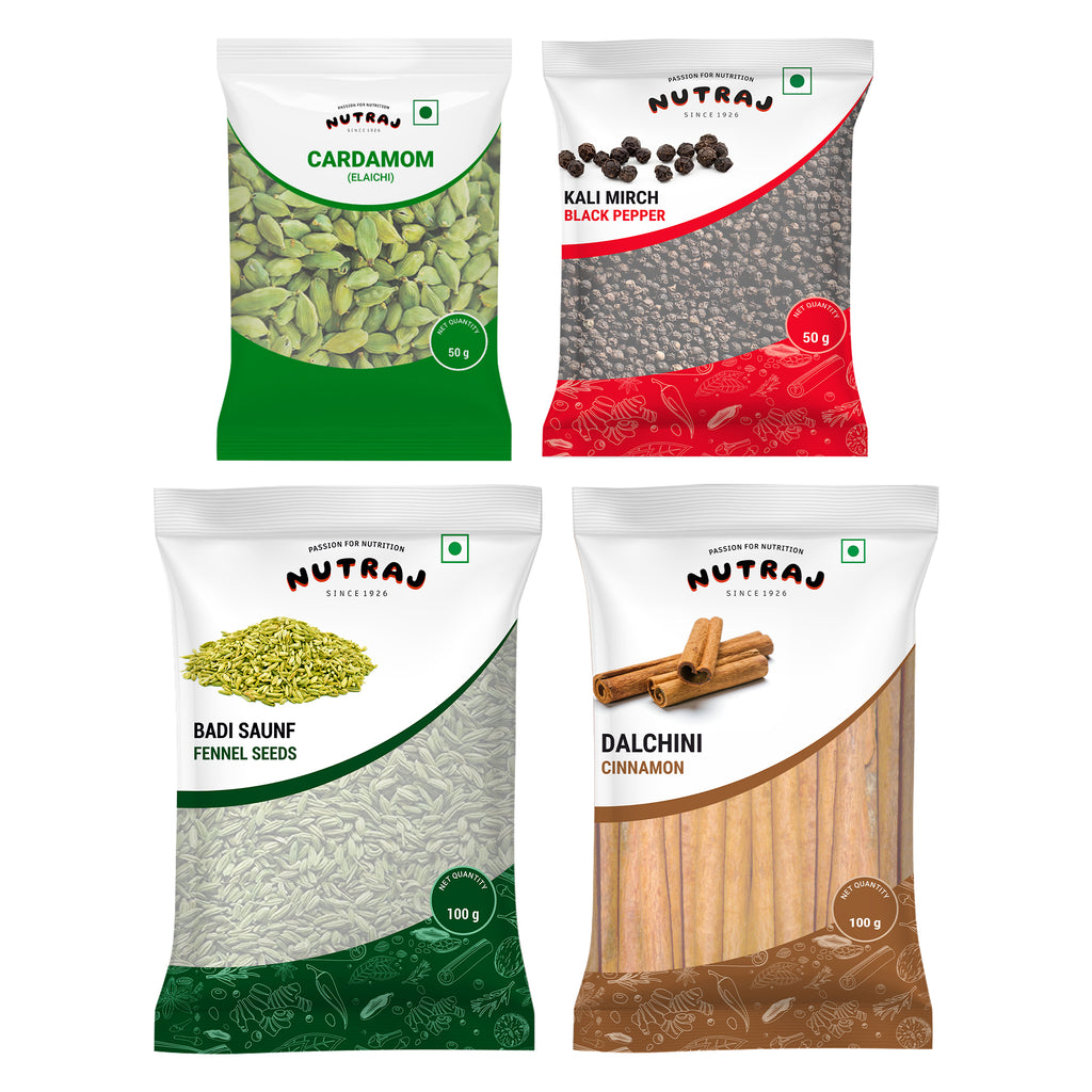Whole Spices 300G Combo Pack - Green Cardamom (Elaichi) 50G + Black Pepper (Kali Mirch) 50G + Fennel Lucknawi (Badi Saunf) 100G + Cinnamon (Dalchini) 100G