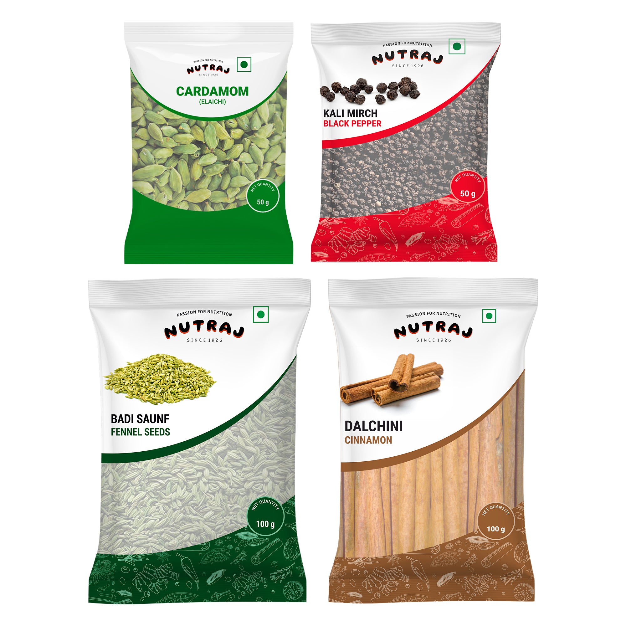 Whole Spices 300G Combo Pack - Green Cardamom (Elaichi) 50G + Black Pepper (Kali Mirch) 50G + Fennel Lucknawi (Badi Saunf) 100G + Cinnamon (Dalchini) 100G