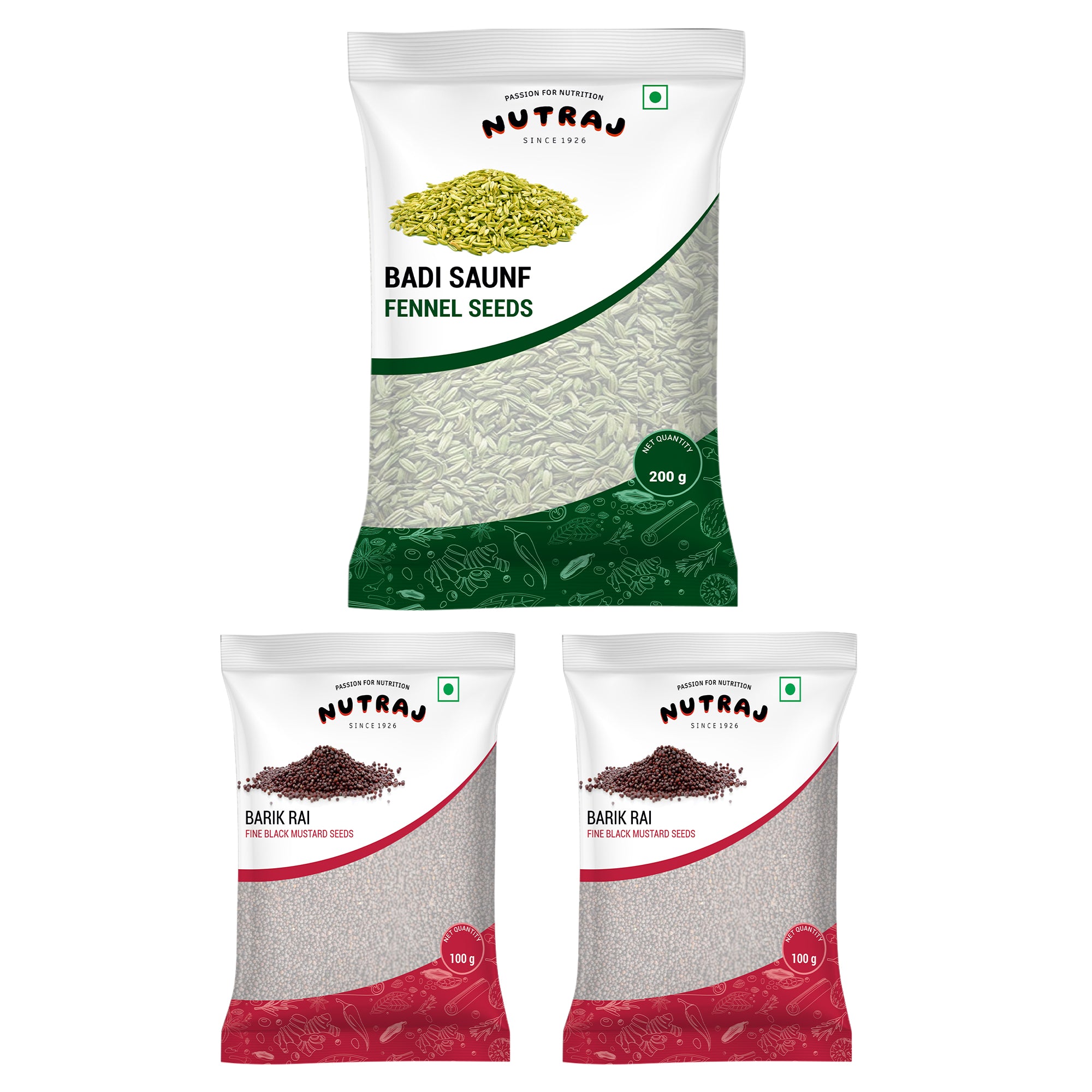 Whole Spices 400G Combo Pack - Mustard Seeds (Barik Rai) 200G Pack Of 2 + Fennel Seeds (Badi Saunf) 200G | Briyani Sabut Masala | Khada Masala