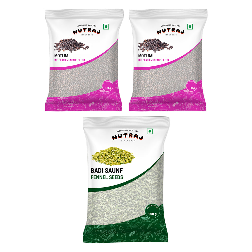 Whole Spices 400G Combo Pack - Mustard Seeds (Moti Rai) 200G Pack Of 2 + Fennel Seeds (Badi Saunf) 200G | Briyani Sabut Masala | Khada Masala