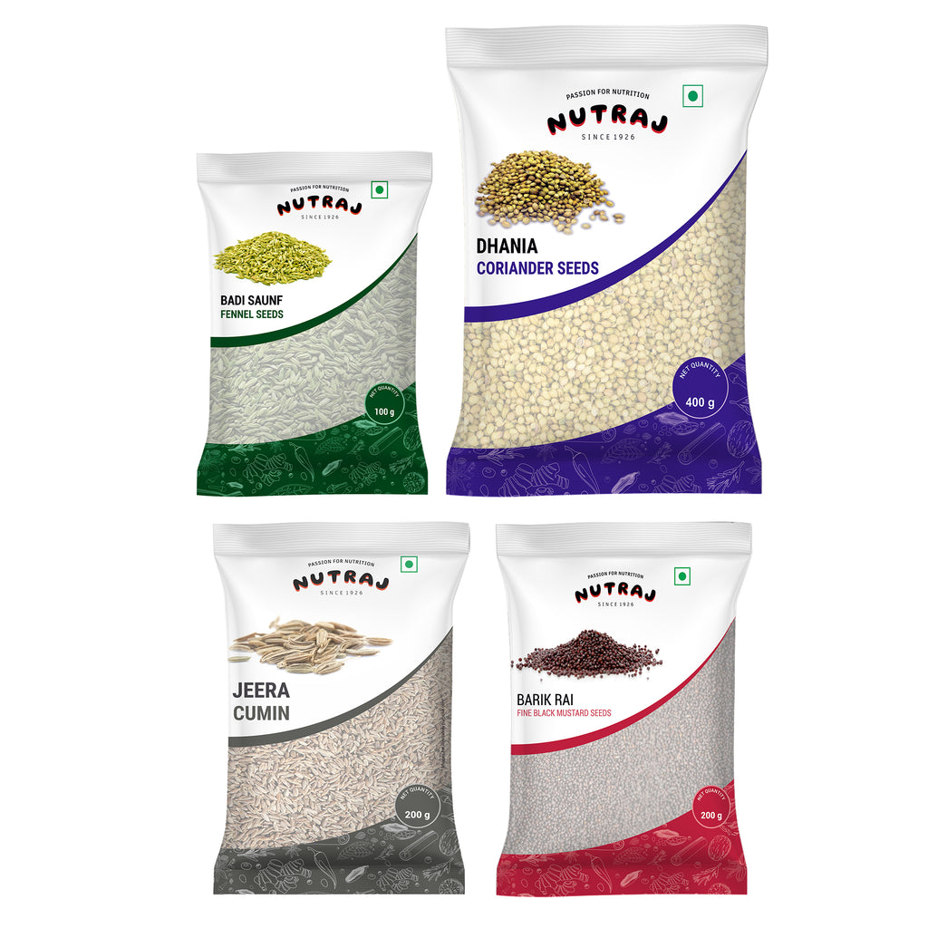 Whole Spices 900G Combo Pack - Coriander Seeds (Dhania) 400G + Cumin (Jeera) 200G + Black Mustard Seeds (Barik Rai) 200G + Fennel Seeds (Badi Saunf) 100G