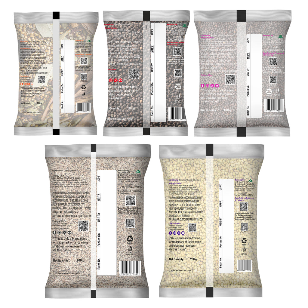 Whole Spices 700G Combo Pack - Sahi Garam Masala 100G + Black Pepper (Kali Mirch) 100G + Mustard Seeds (Moti Rai) 100G + Cumin (Jeera) 200G + Coriander (Dhania) 200G