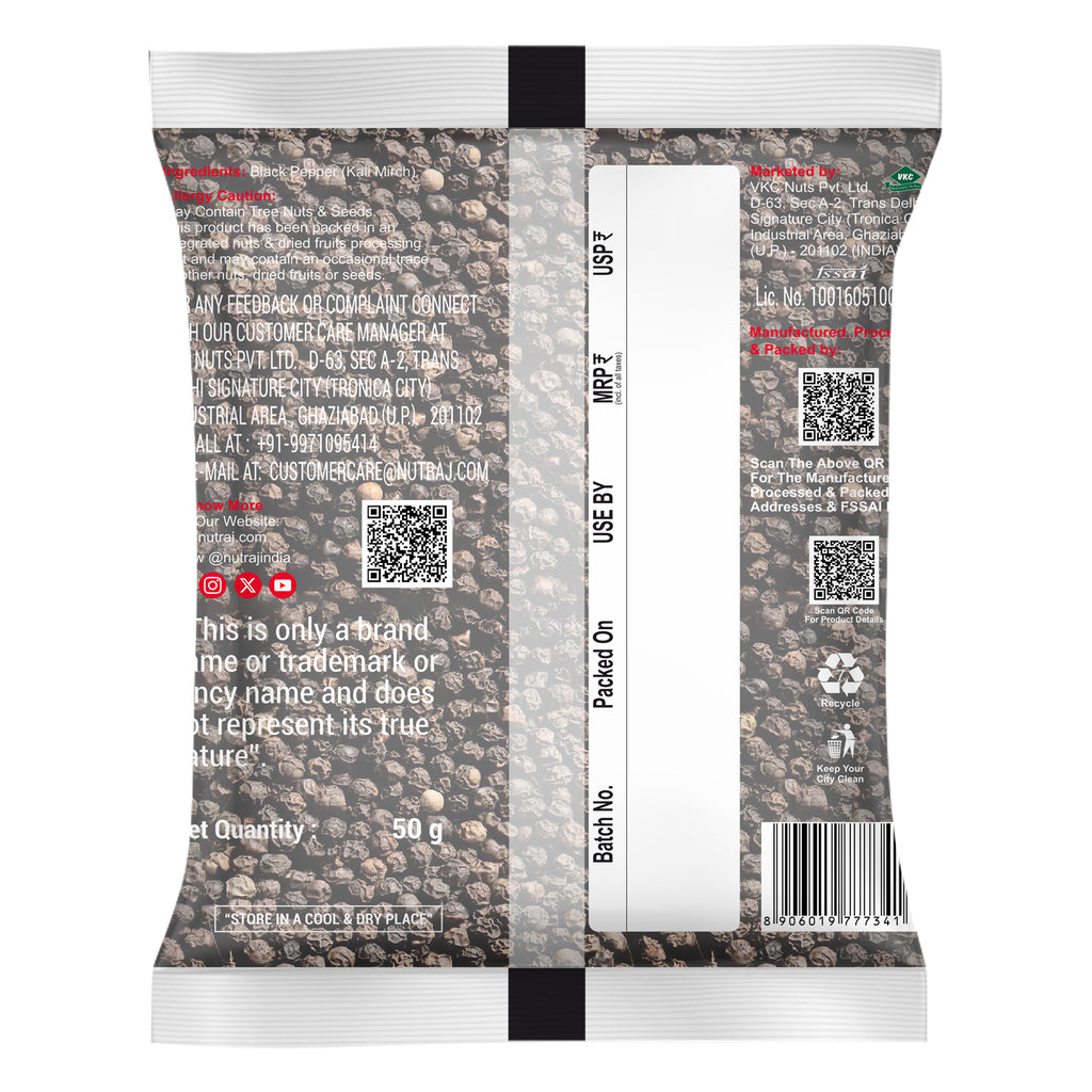 Black Pepper Seeds 50G | Kali Mirch | Authentic Taste Whole Black Pepper | Black Pepper Can Support Digestion